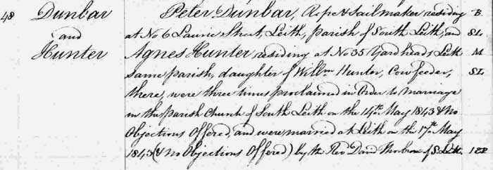 Marriage record of Peter Dunbar and Agnes Hunter